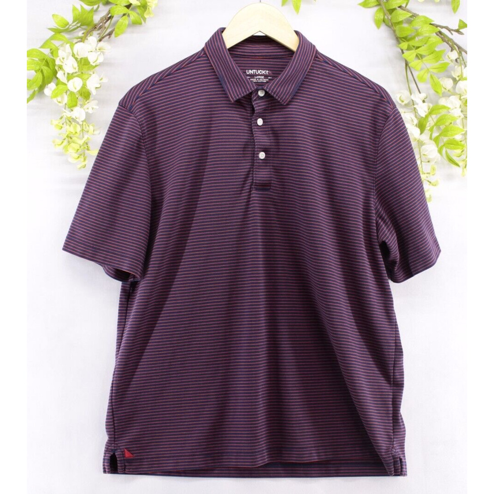 UNTUCKit Men's Polo Shirt Striped Cotton Blue/Red Summer Short Sleeve Sz L
